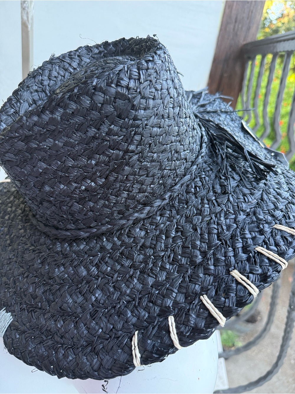 NWT Black Sunhat raffia 100% paper - hand Stitching‎ details - OS rancher boho